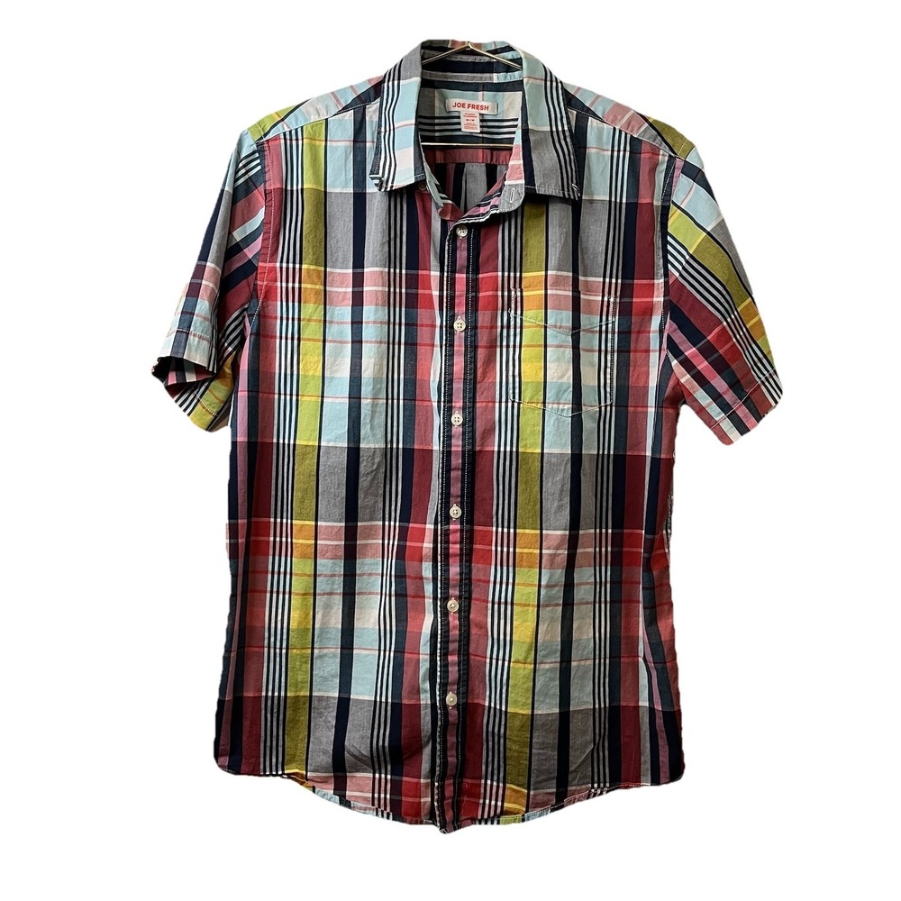 Joe Fresh Short Sleeve Plaid Shirt Mens Medium M Multicolor Cotton Blend Madras